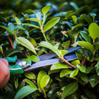 a beautiful photo of gardener pruning plants, do not show full body,only hand and arm