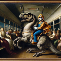 Super Mario dressed as a medieval knight riding a pterodactyl in the back of a bus, Baroque painting